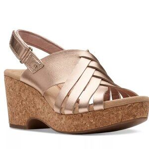 Clarks Giselle Ivy Wedge Sandals Rose Gold Metallic Cork Heel Comfort Size 7